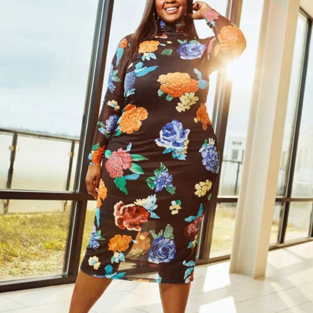 Ashley Stewart Floral Mesh Mock Neck Midi Dress (NWT)